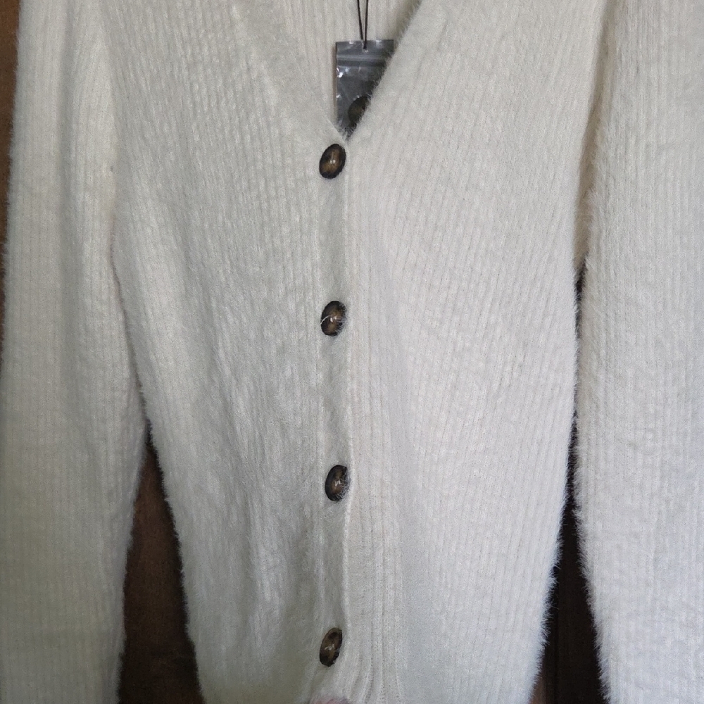 Truth Cream V-Neck Button-Up Fuzzy Cardigan - Picture 2 of 10